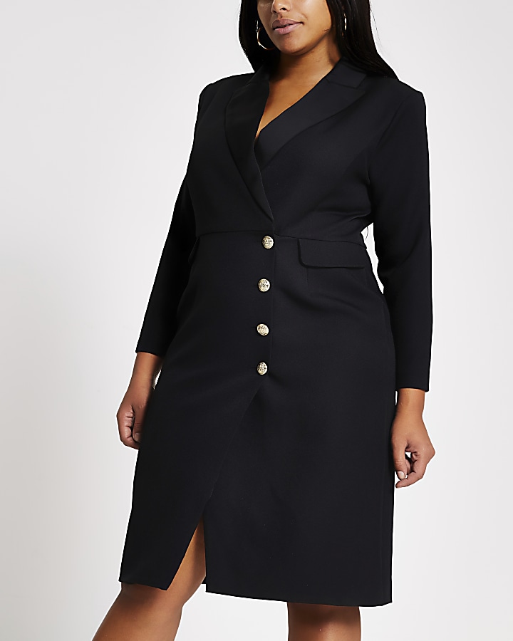 Plus black button front blazer midi dress