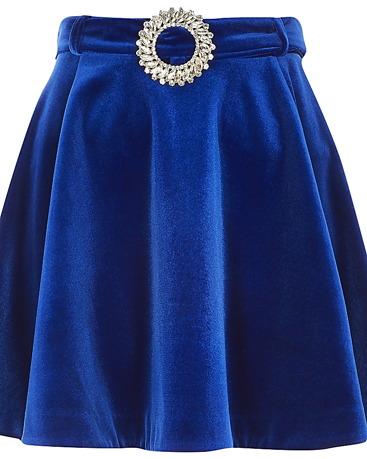 Blue velvet diamante belted mini skirt