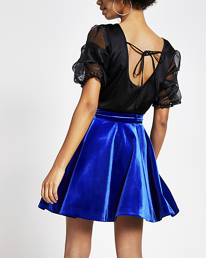 Blue velvet diamante belted mini skirt