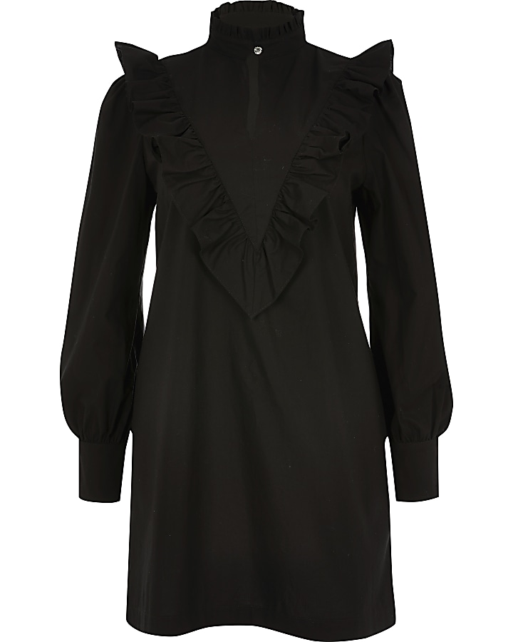 Black frill high neck long sleeve mini dress