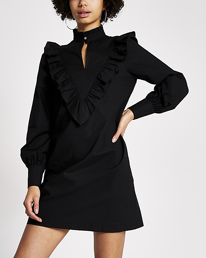 Black frill high neck long sleeve mini dress