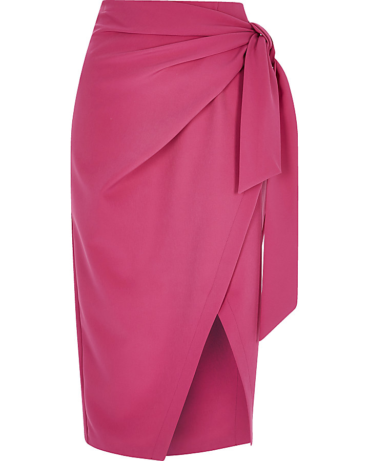 Pink wrap front midi pencil skirt