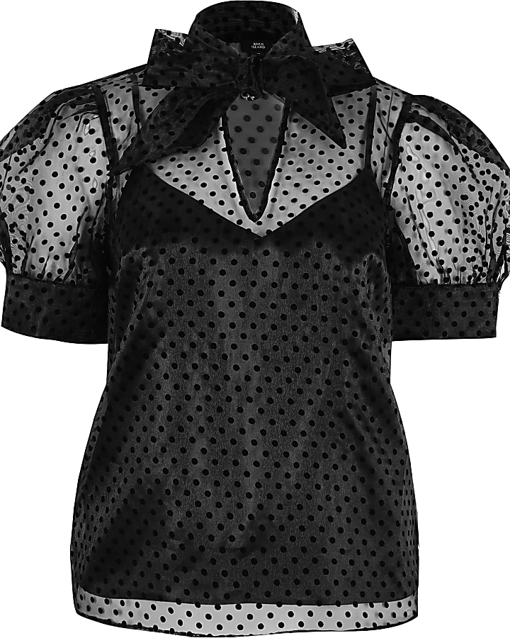 Black polka dot puff sleeve organza blouse