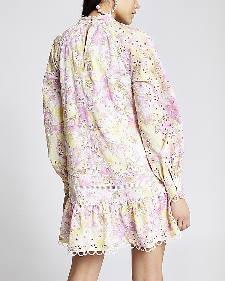 Pink floral embroidery puff sleeve mini dress