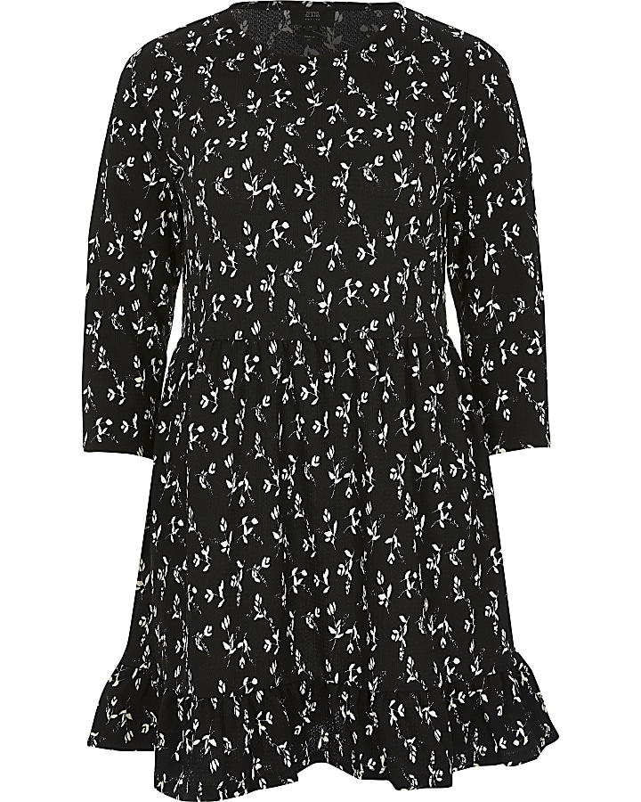 Petite black floral mini smock dress