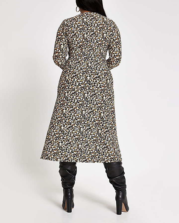 Plus beige leopard print A line midi dress
