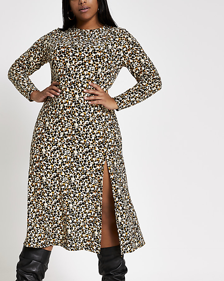 Plus beige leopard print A line midi dress
