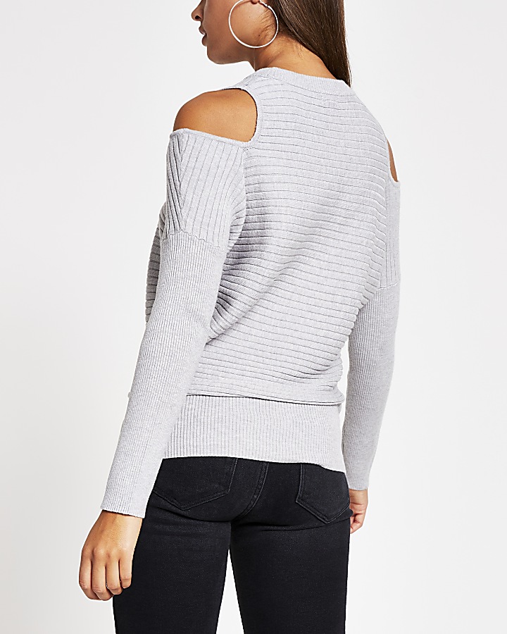 Grey cold shoulder rib knitted jumper