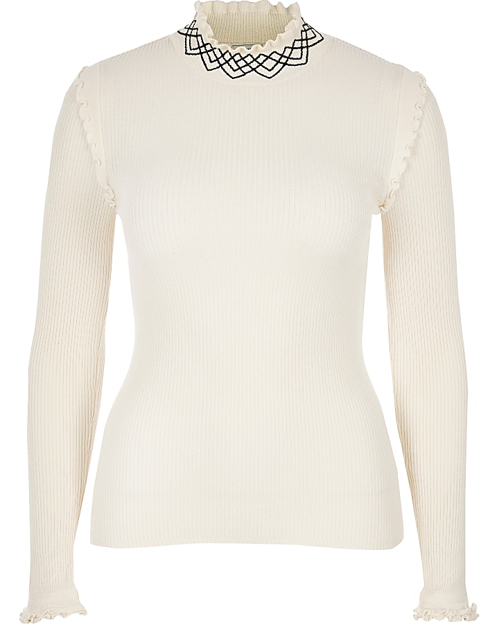 Cream embroidered high neck ribbed knit top