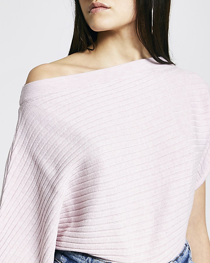 Pink off the shoulder rib knitted jumper