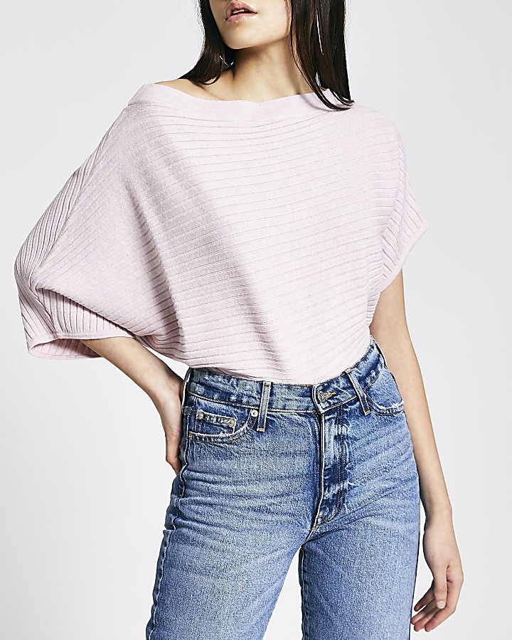 Pink off the shoulder rib knitted jumper
