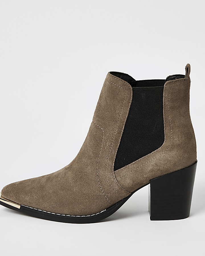 Beige heeled western ankle boots