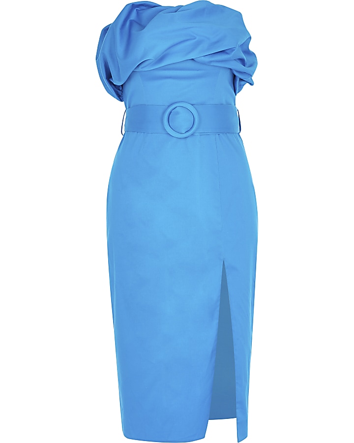 Bright blue bandeau belted bodycon midi dress