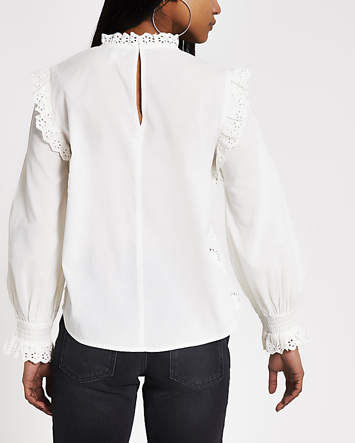 Petite white broderie frill blouse