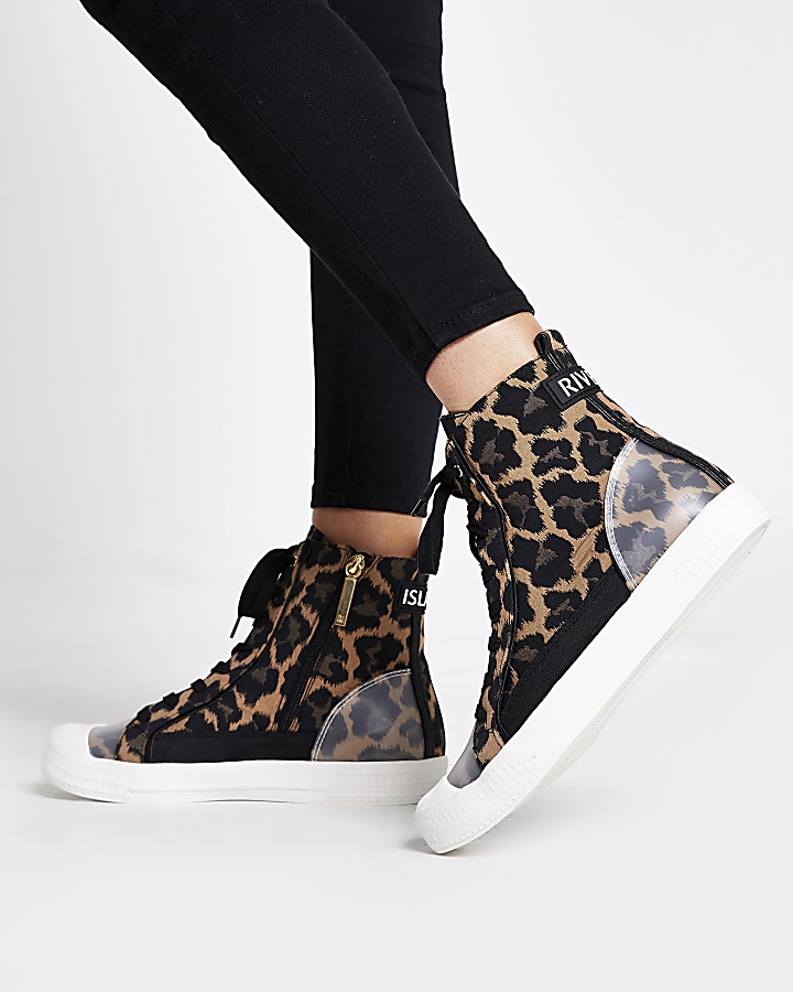 Brown leopard print lace-up high top trainers