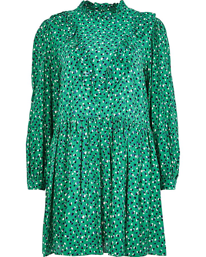 Green spot printed frill mini smock dress