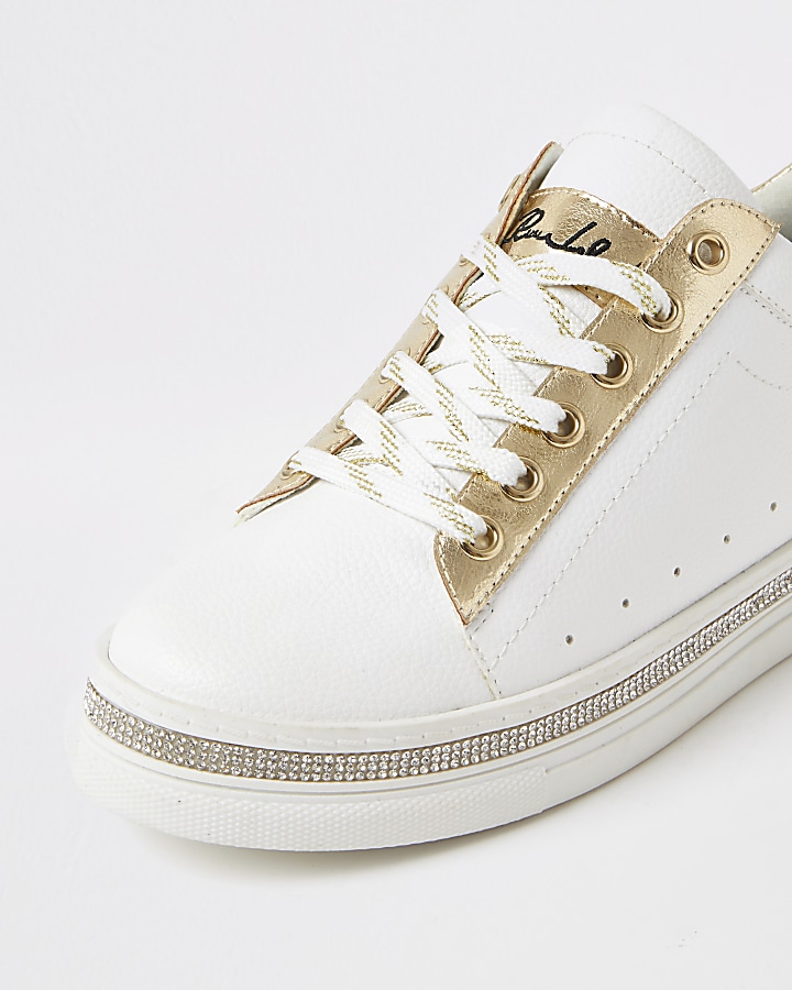 White diamante embellished lace-up trainers