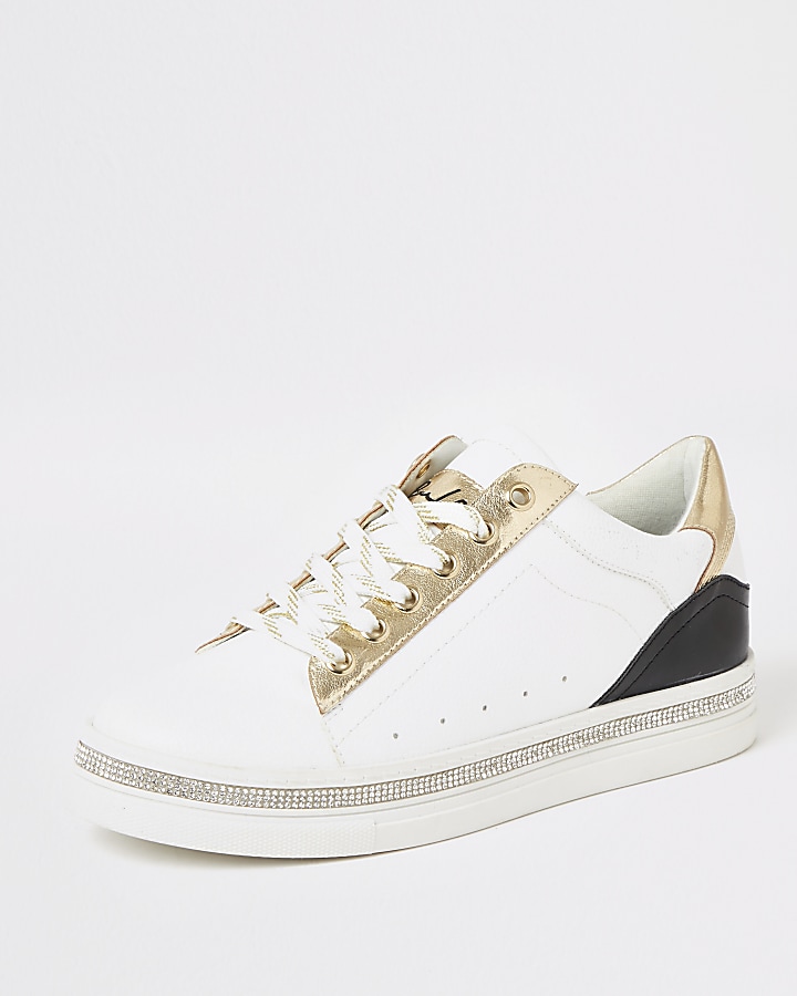 White diamante embellished lace-up trainers