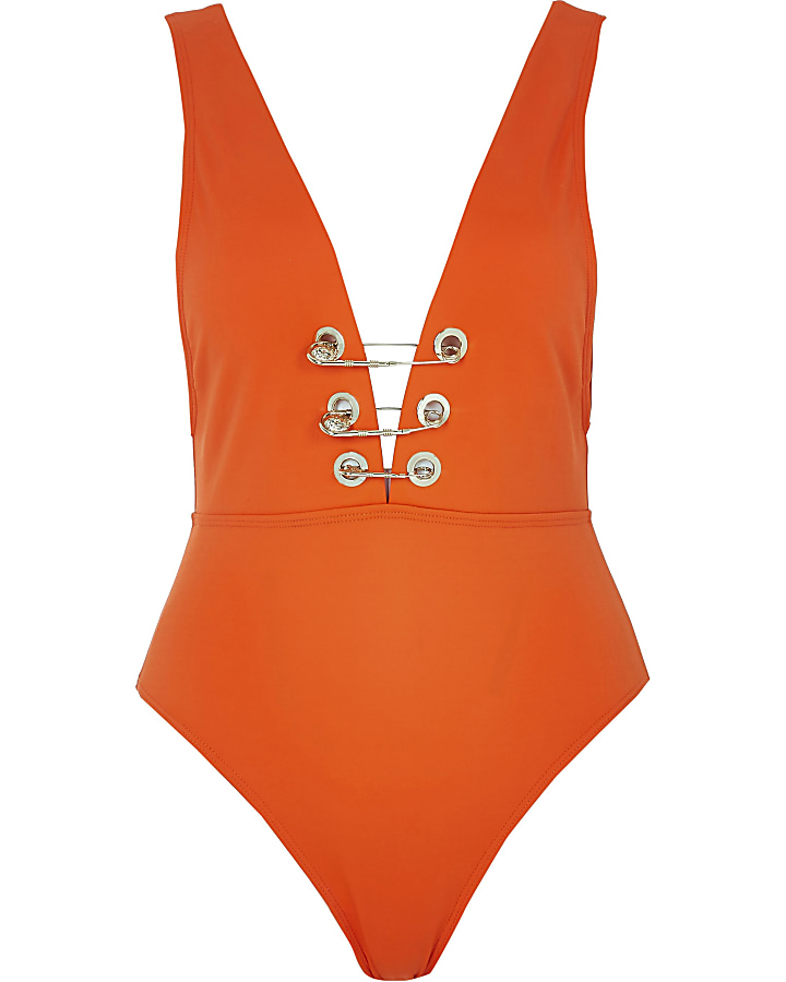 Orange plunge eyelet detail swimsuit