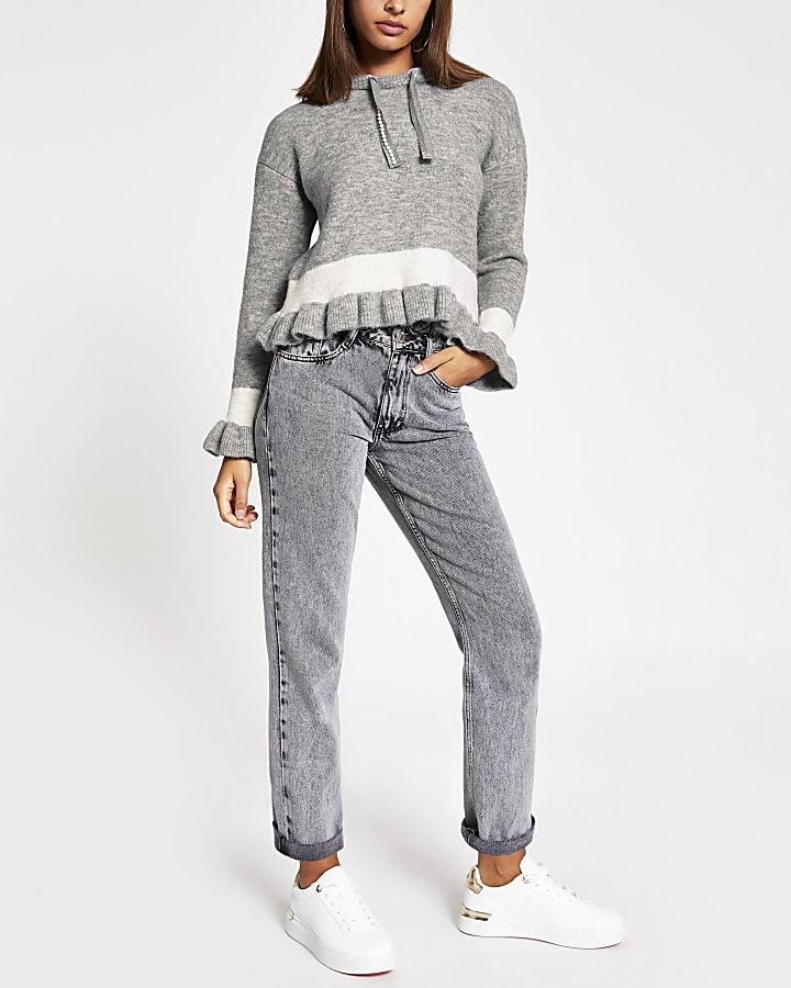 Grey frill cropped knitted hoodie