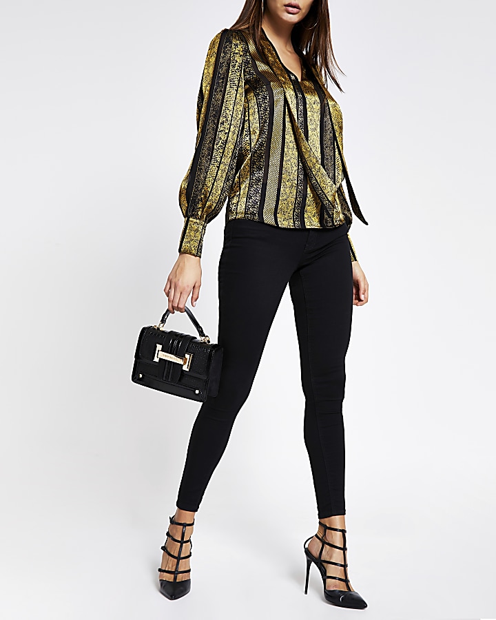 Gold printed tie neck long sleeve blouse