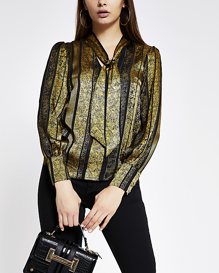 Gold printed tie neck long sleeve blouse