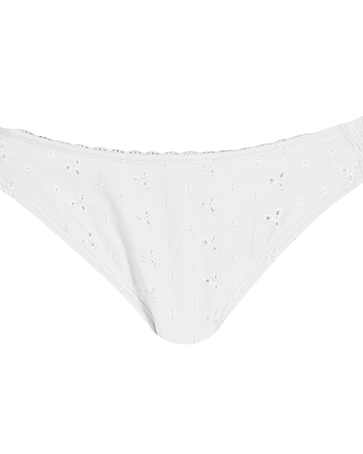 White broderie shirred bikini bottoms