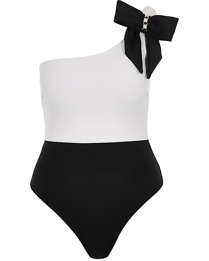 Black monochrome one bow shoulder swimsuit