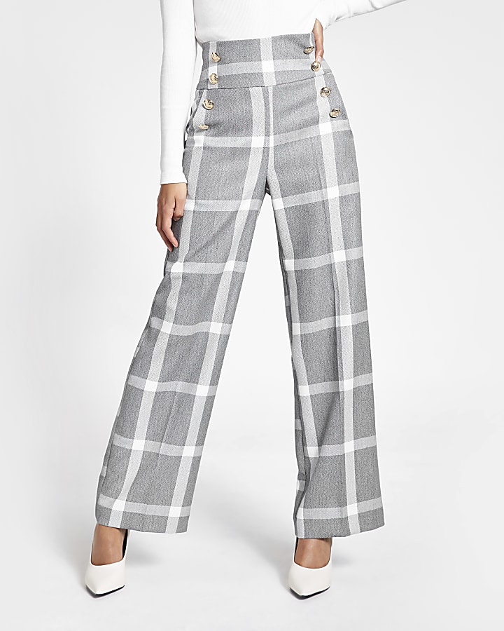 Grey checked button front wide leg trousers
