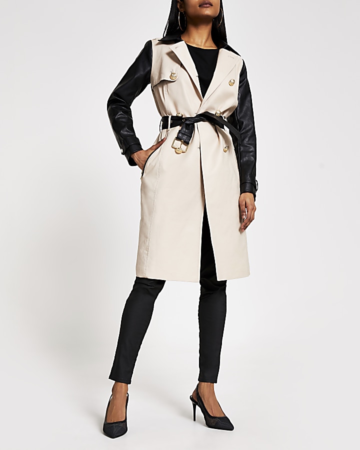 Petite beige faux leather blocked trench coat