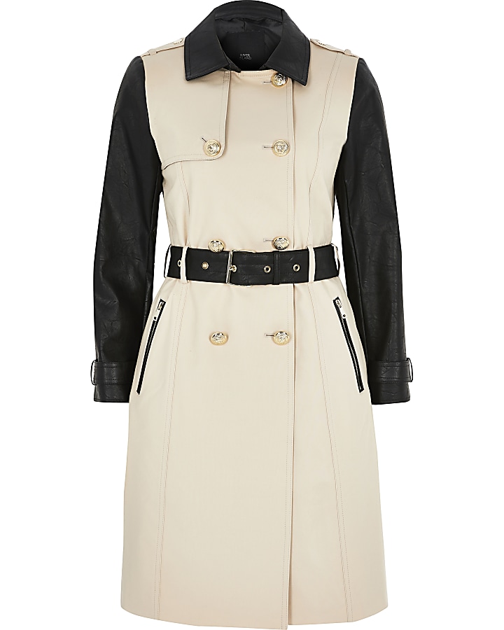 Petite beige faux leather blocked trench coat