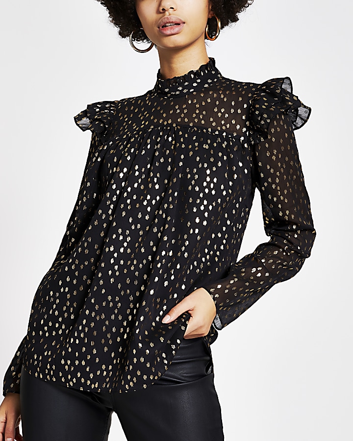 Black gold printed smock blouse