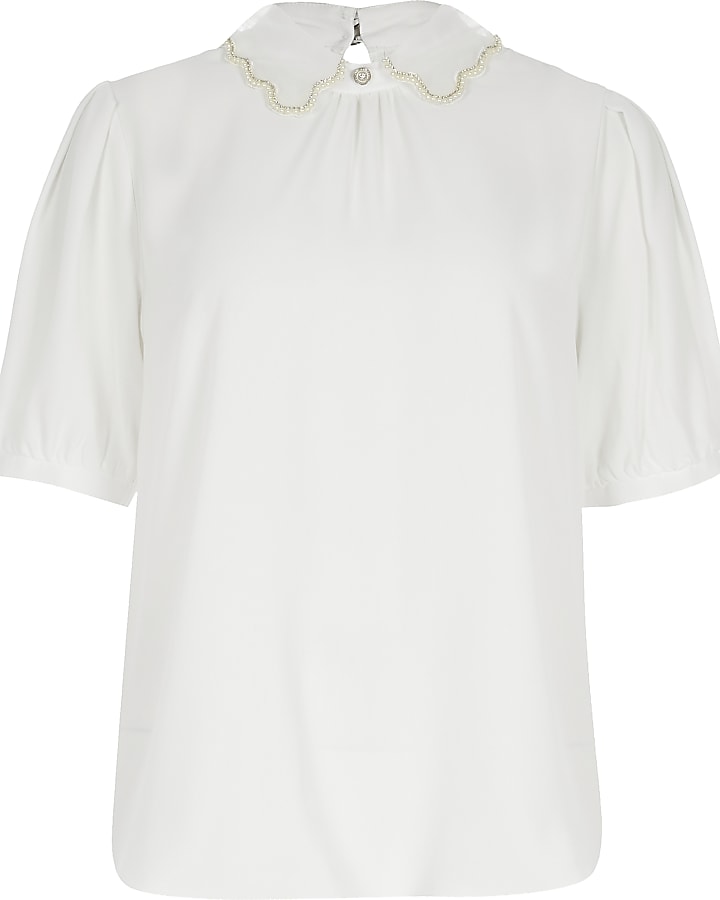 White embellished collar short sleeve blouse