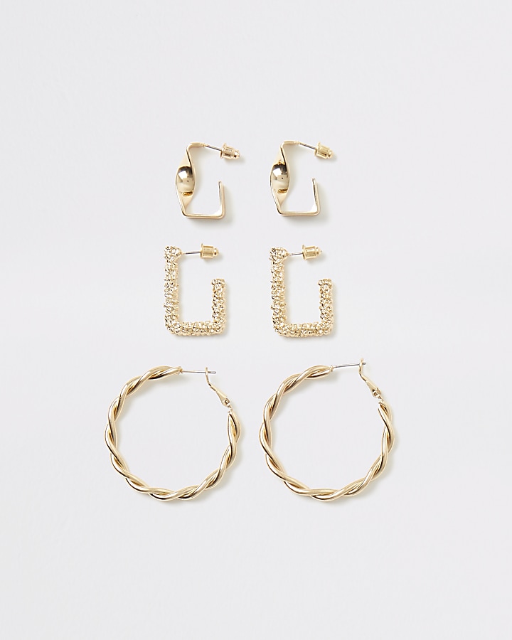 Gold colour textured hoop earrings 3 pack