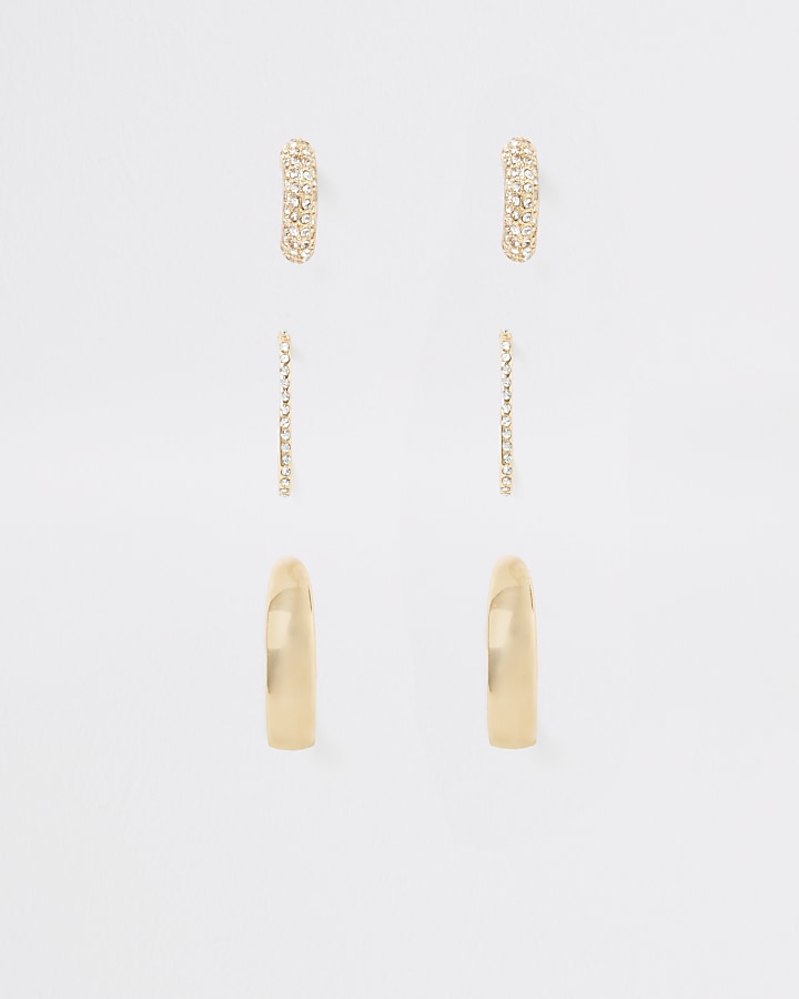 Gold colour diamante hoop earrings 3 pack