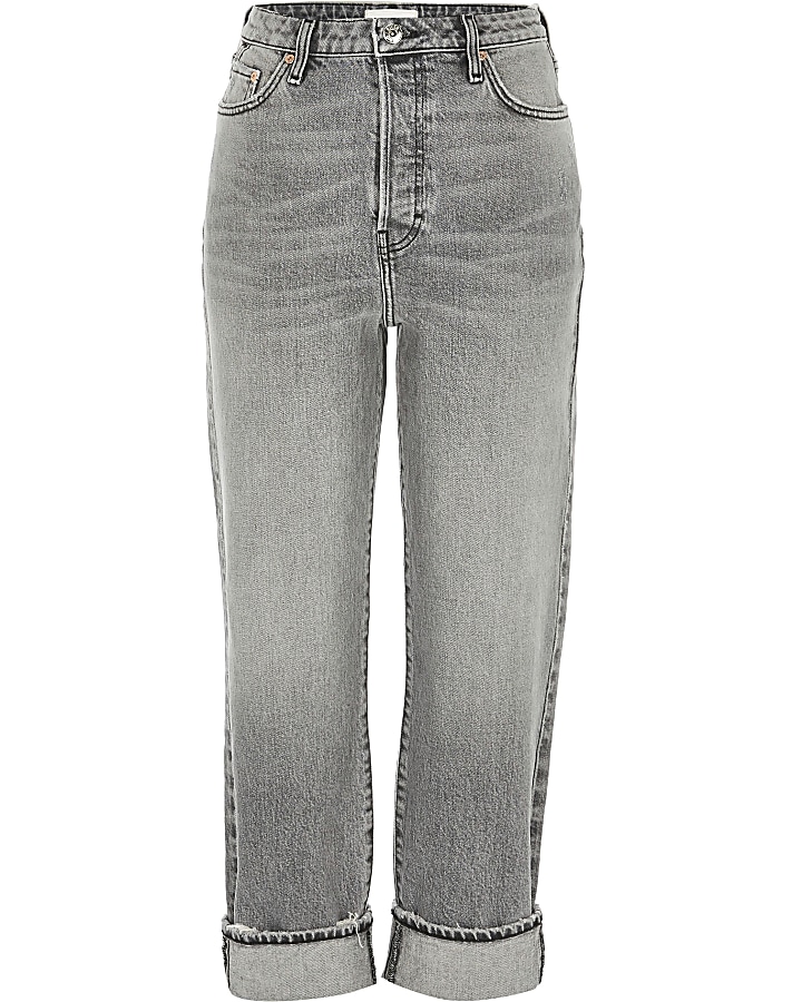 Grey straight leg super high waist jeans