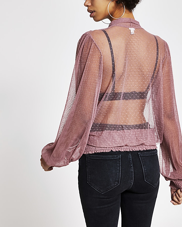 Pink sheer mesh tie neck frill blouse