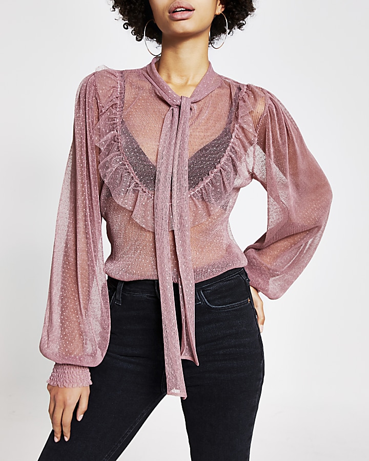 Pink sheer mesh tie neck frill blouse