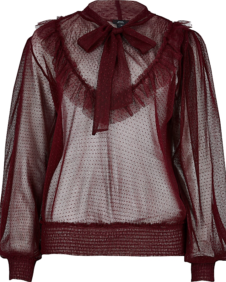 Dark red sheer mesh tie neck frill blouse