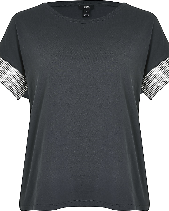 Grey diamante embellished sleeve T-shirt