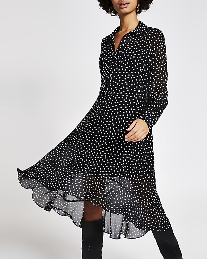 Black polka dot frill swing midi dress