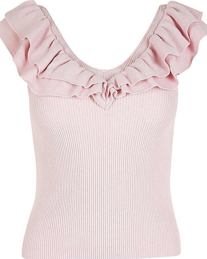 Pink frill V neck knitted vest top