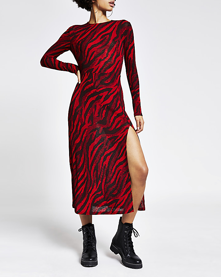 Red printed long sleeve A line midi dress