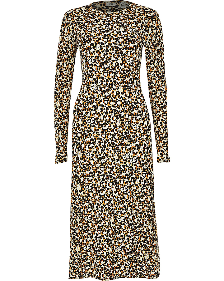 Beige leopard print A line midi dress
