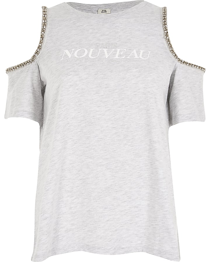 Grey printed embellish cold shoulder T-shirt