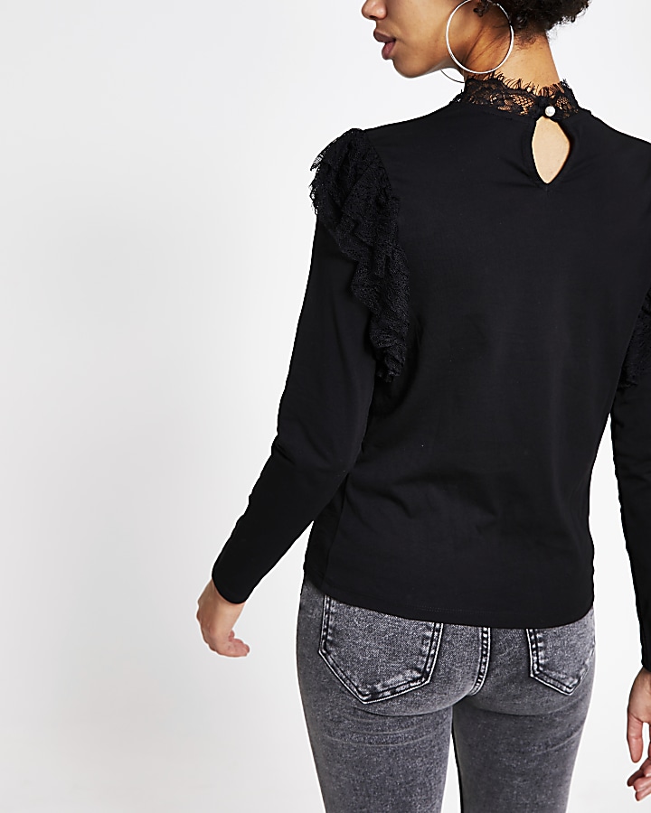 Black long sleeve lace frill trim T-shirt