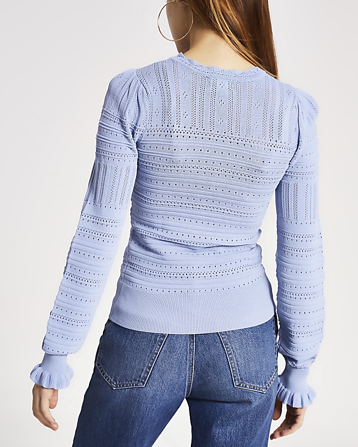 Petite blue frill pretty stitch knitted top