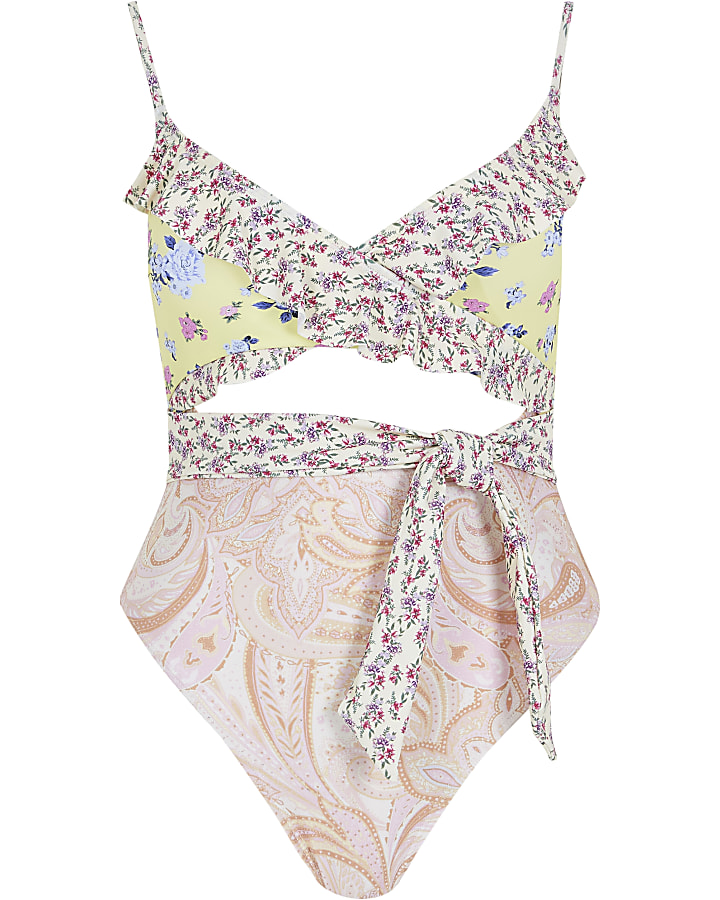 Pink floral frill wrap swimsuit