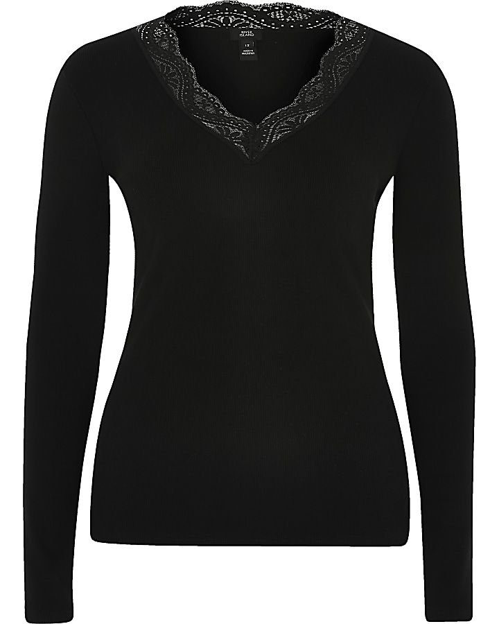 Black lace V neck long sleeve fitted top