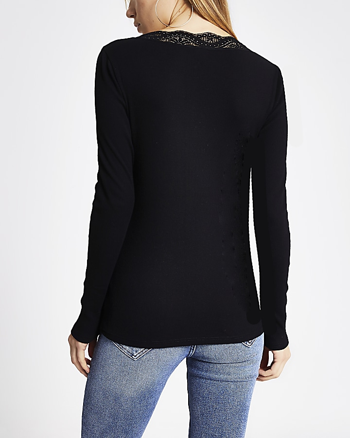 Black lace V neck long sleeve fitted top